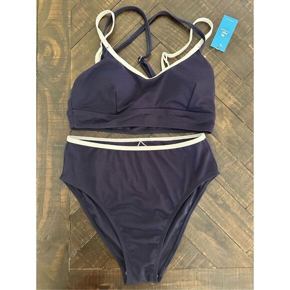 Cupshe Blue and White Strappy Ribbed High Cut Bikini Size Medium New - Picture 3 of 5